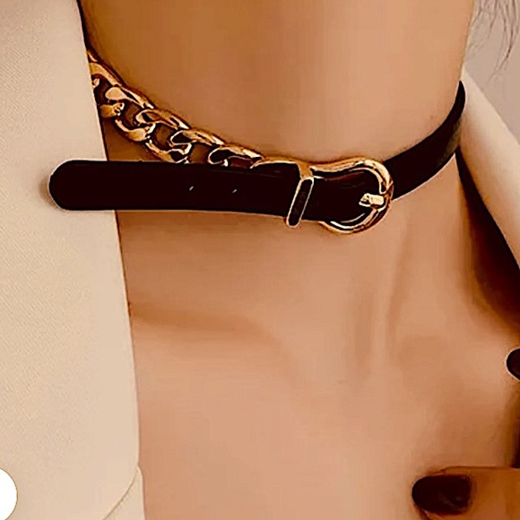 Gold Buckle Cuban Chain Link Leather Choker - Picture 10 of 11